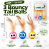 Three-pack of Bouncy Tail Balls in assorted bright colors, each with a real feather tail, approximately 1 inch wide and 3.5 inches long including the feather.