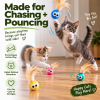 Two cats playing with colorful Bouncy Tail Balls with real feather tails, designed to encourage chasing, pouncing and active play.