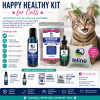 Happy Healthy Kit for Cats featuring CATalyst, Oxy-Cat, Minnow Munchies treats, and a Kitty Crack catnip pillow beside a happy tabby cat. Complete wellness and enrichment bundle supporting immune health, digestion, respiratory wellness, skin and coat health, and active play.