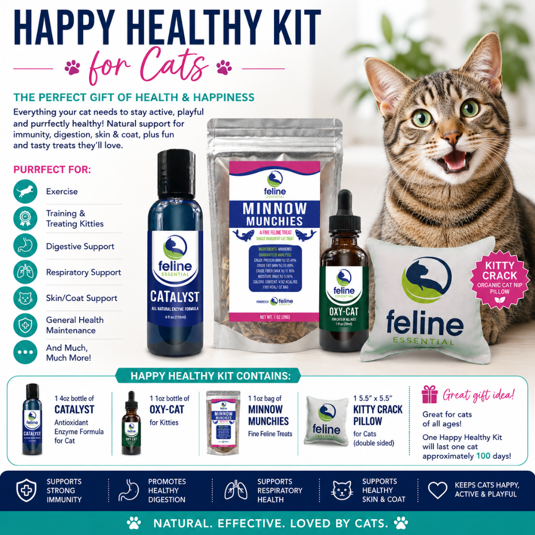 Happy Healthy Kit for Cats featuring CATalyst, Oxy-Cat, Minnow Munchies treats, and a Kitty Crack catnip pillow beside a happy tabby cat. Complete wellness and enrichment bundle supporting immune health, digestion, respiratory wellness, skin and coat health, and active play.