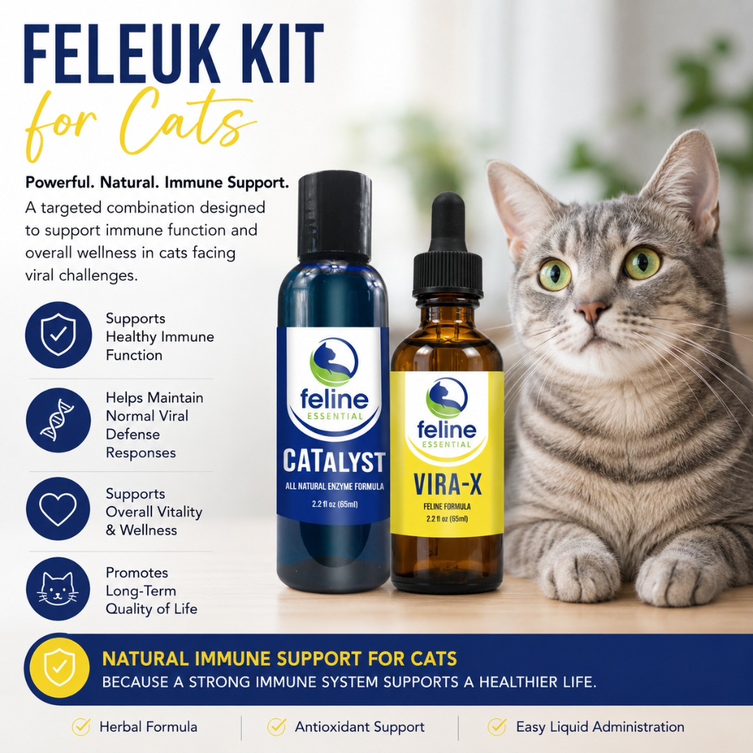 FeLeuk Kit for Cats combining CATalyst and Vira-X liquid supplements to support immune health, normal viral defense responses, vitality, and quality of life in cats.