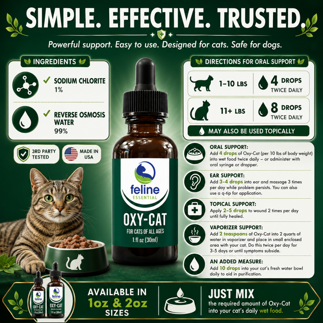 Oxy-Cat ingredients and usage instructions featuring sodium chlorite, reverse osmosis water, oral dosing, topical use, ear support, and respiratory support.
