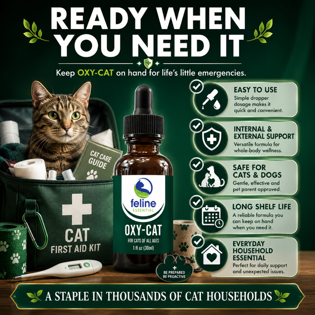 Oxy-Cat household essential for cats and dogs featuring internal and external support, long shelf life, easy use, and everyday wellness support.