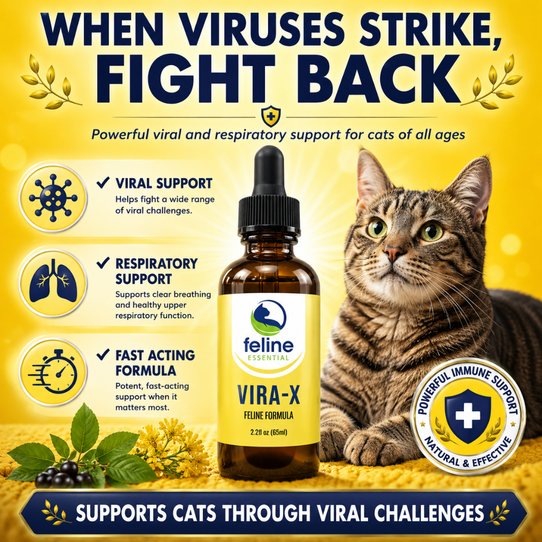 Vira-X antiviral support formula for cats providing respiratory and immune support during viral challenges and upper respiratory flare-ups.