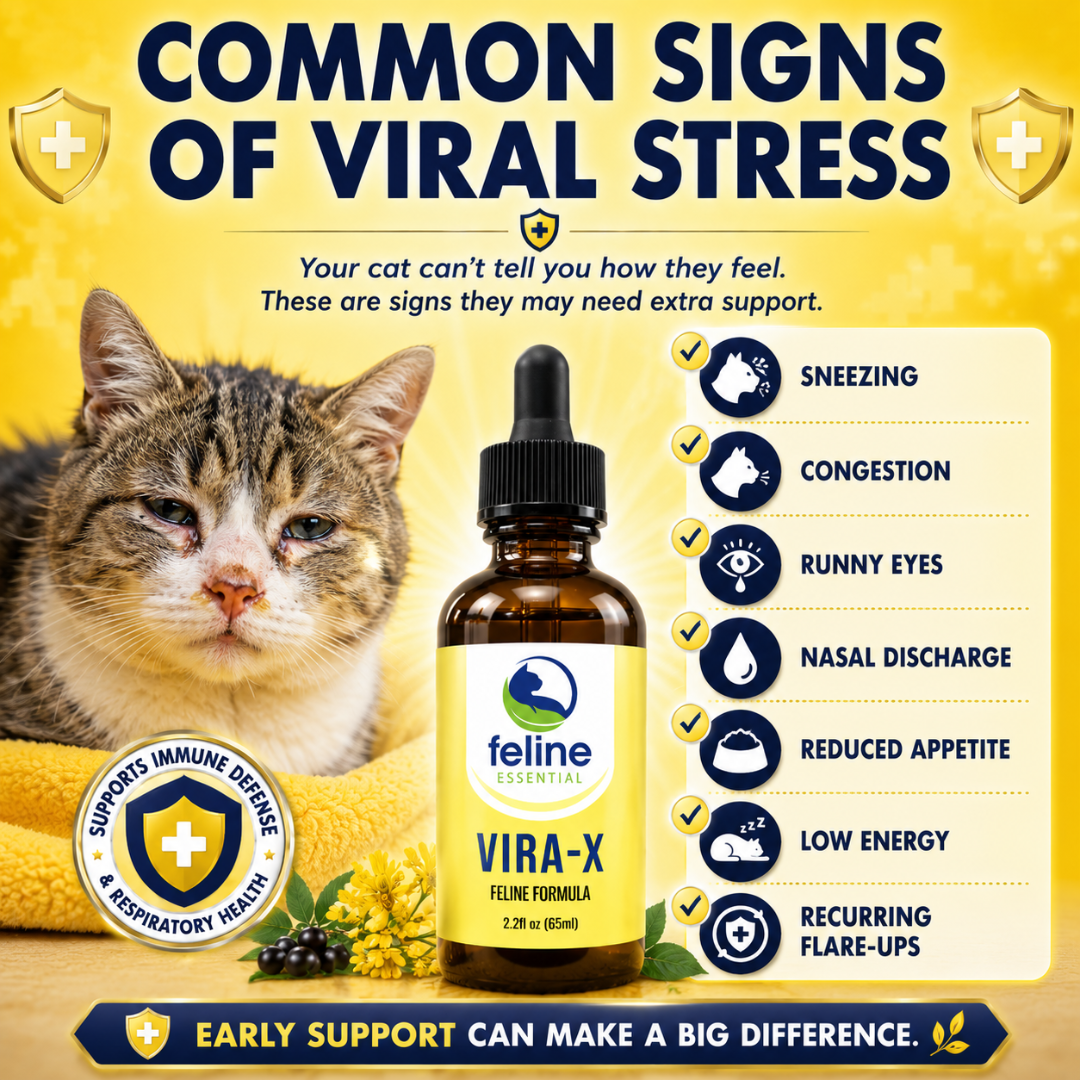 Common signs of viral stress in cats including sneezing, congestion, runny eyes, nasal discharge, low energy, and recurring flare-ups.