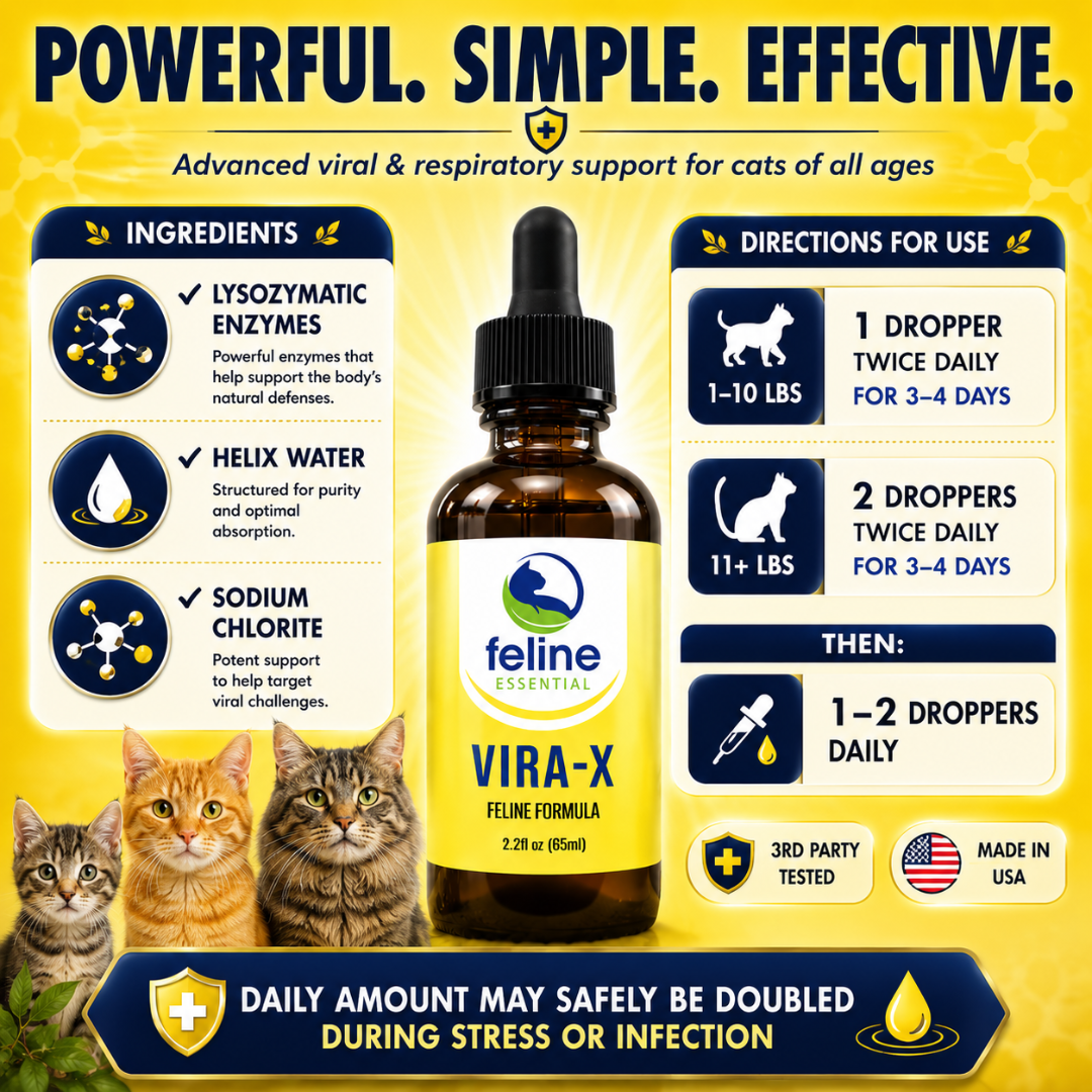 Vira-X ingredients and dosing instructions featuring lysozymatic enzymes, helix water, sodium chlorite, and viral support directions for cats.