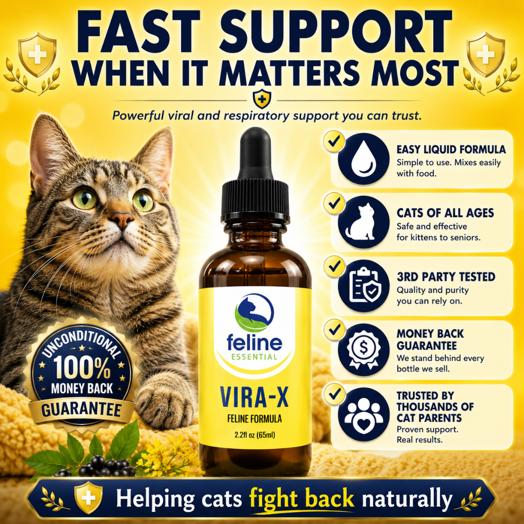 Vira-X viral and respiratory support formula featuring easy liquid dosing, third-party testing, money-back guarantee, and trusted feline immune support.
