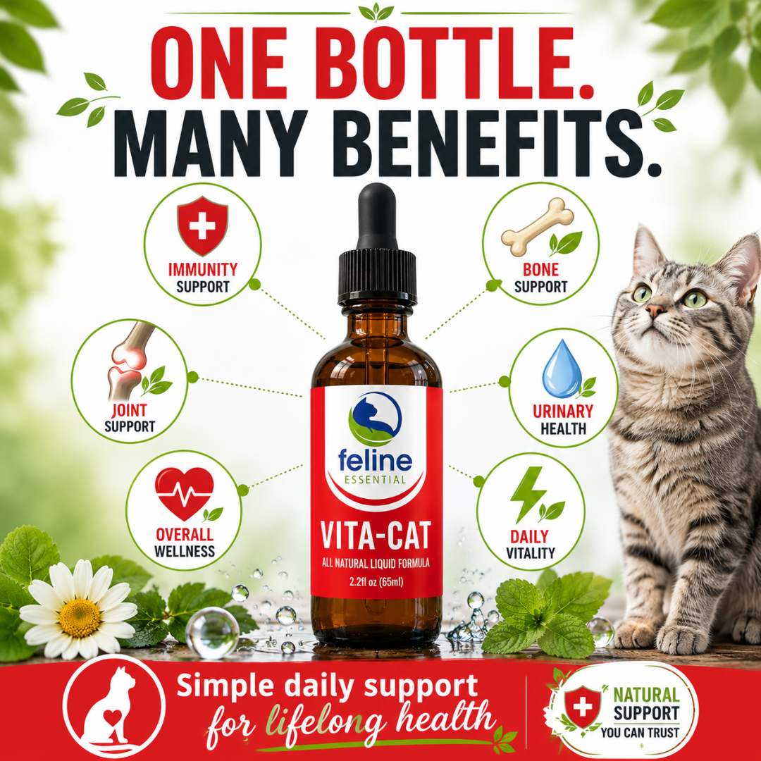 Vita-Cat vitamin C formula for cats supporting immunity, bone health, joint support, urinary tract health, overall wellness, and daily vitality.