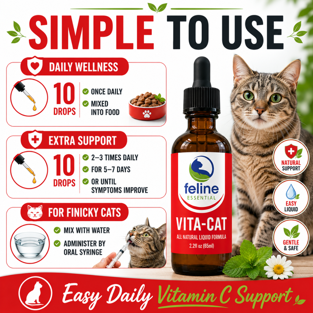 Directions for using Vita-Cat vitamin C drops for cats with daily wellness dosing, extra support instructions, and oral syringe administration for finicky cats.