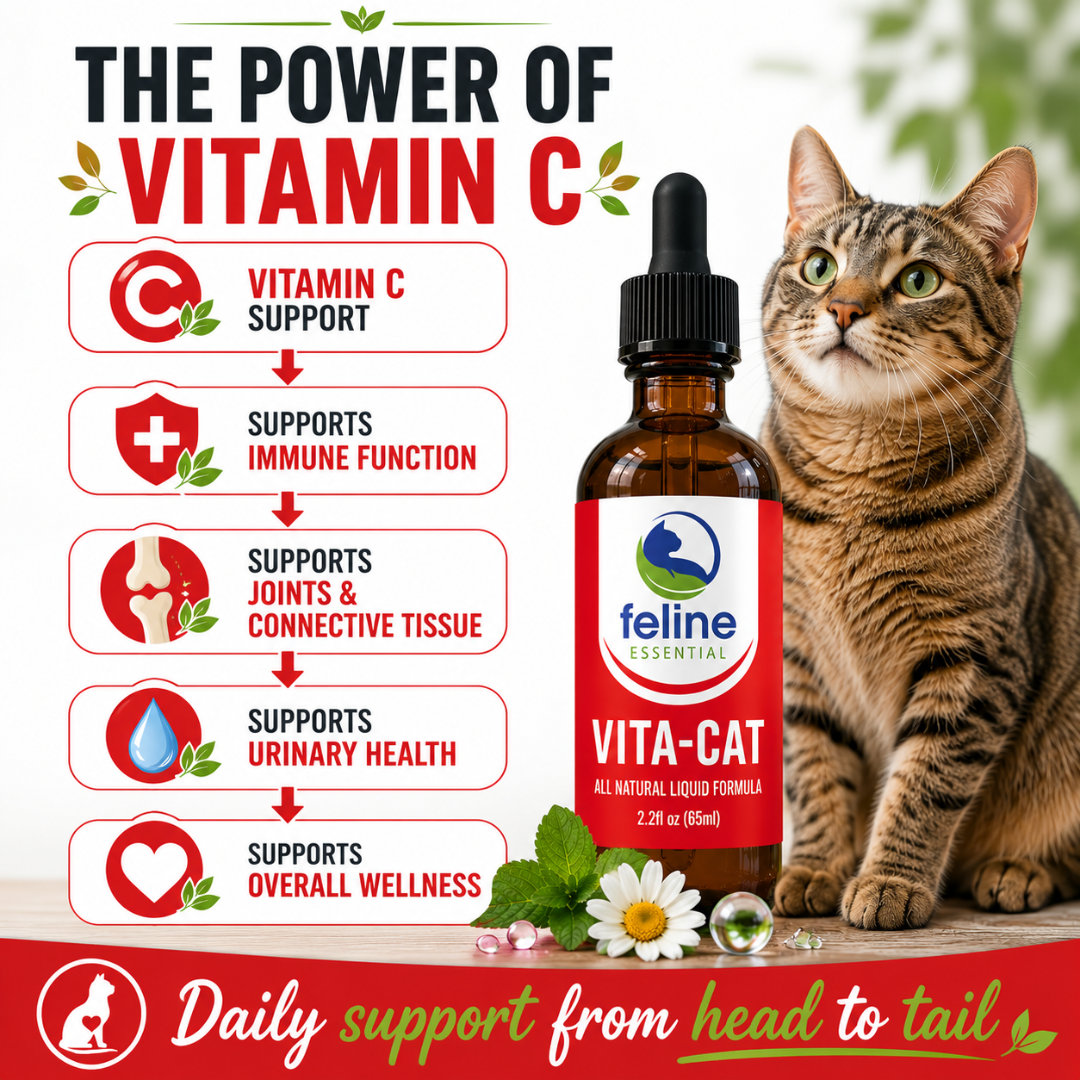 Vitamin C supplement for cats supporting immune health, connective tissue, joint mobility, urinary tract wellness, and healthy aging.