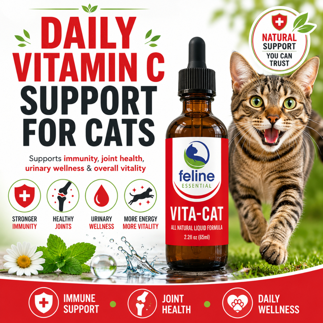 Vita-Cat liquid vitamin C supplement for cats that supports immune health, joint health, urinary wellness, and daily vitality.