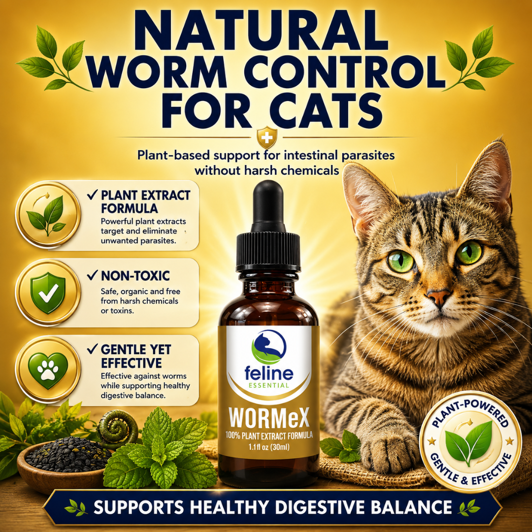 WormeX natural worm control for cats featuring plant-based parasite support with non-toxic ingredients that help maintain healthy digestive balance.