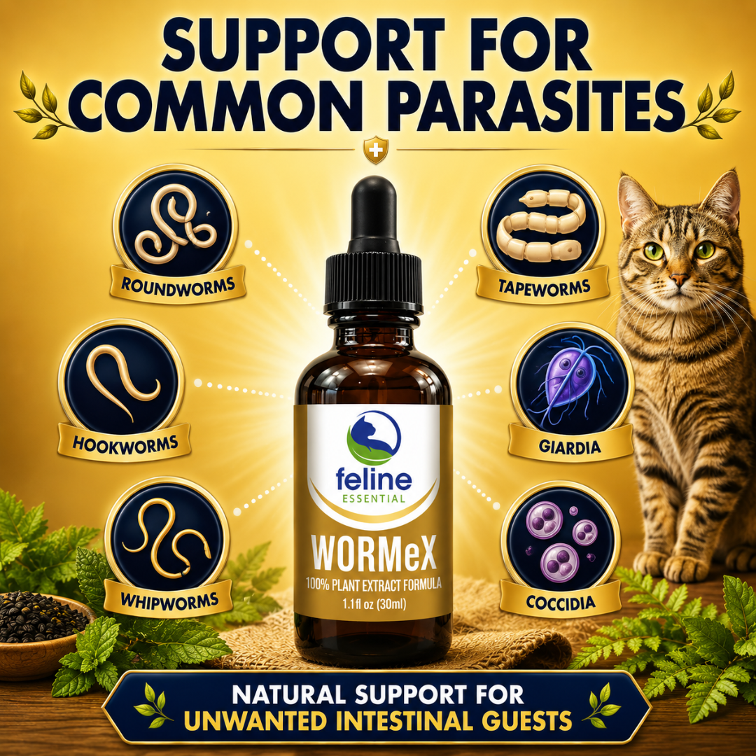 WormeX natural parasite support for cats targeting roundworms, tapeworms, hookworms, whipworms, giardia, and coccidia.