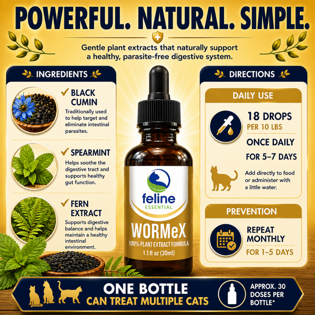 WormeX ingredients and directions featuring black cumin, spearmint, fern extract, and natural parasite support dosing instructions for cats.