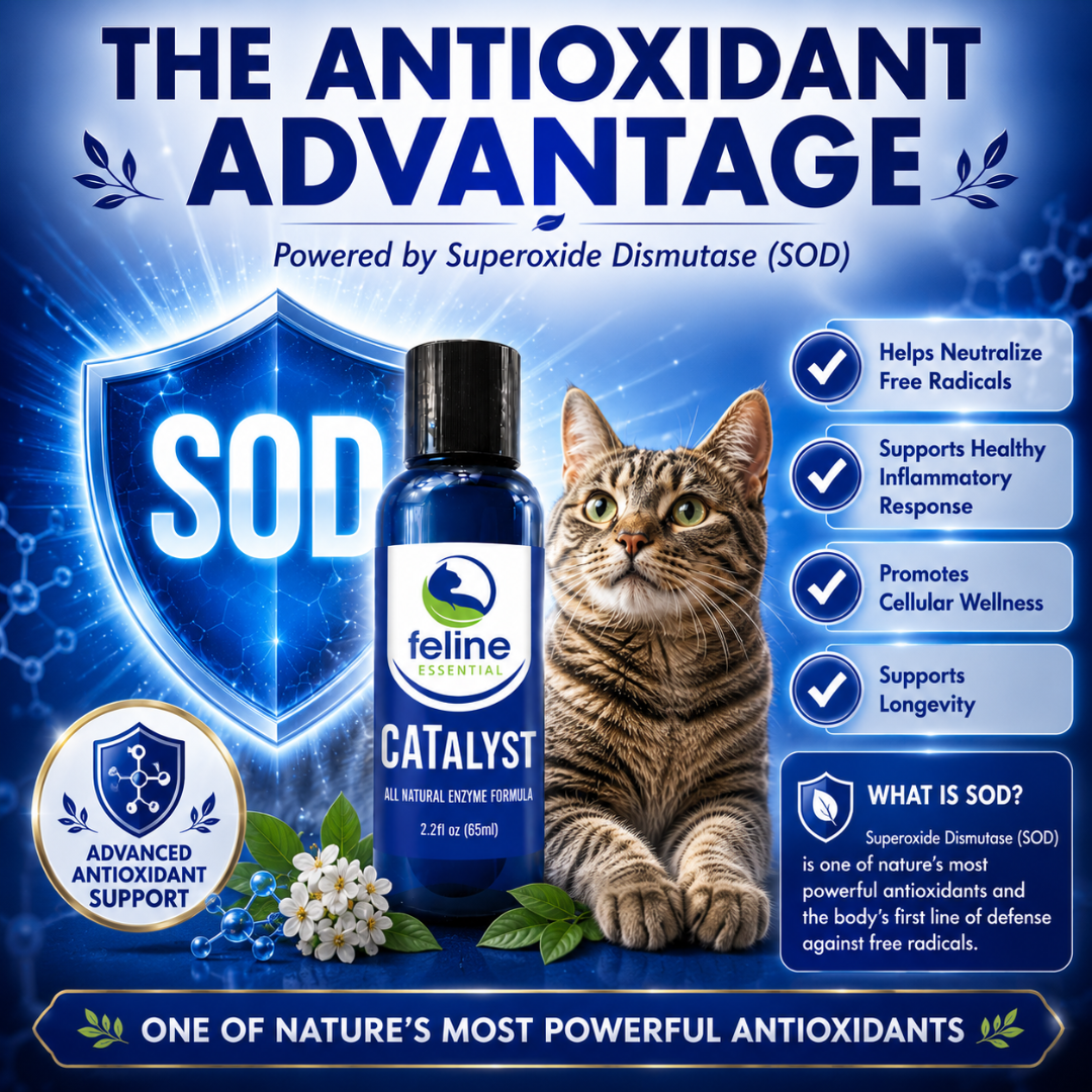 CATalyst antioxidant formula featuring Superoxide Dismutase (SOD) to help neutralize free radicals, support cellular wellness, and promote healthy aging in cats.