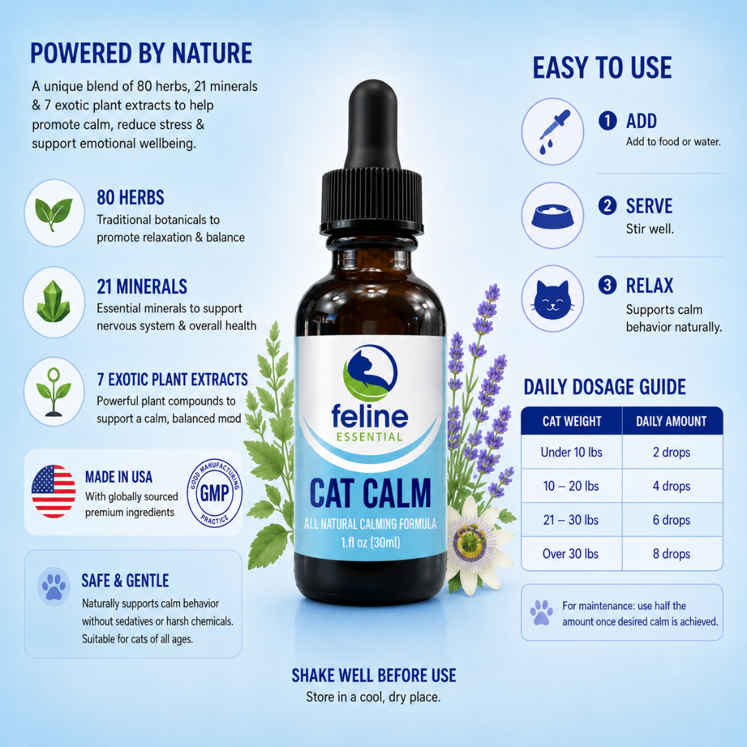 Feline Essential Cat Calm natural calming formula made with 80 herbs, 21 minerals and 7 plant extracts to support relaxation and emotional balance in cats. Cat Calm dosage guide and ingredient highlights showing daily use instructions, natural herbal ingredients and calming support for cats of all ages.