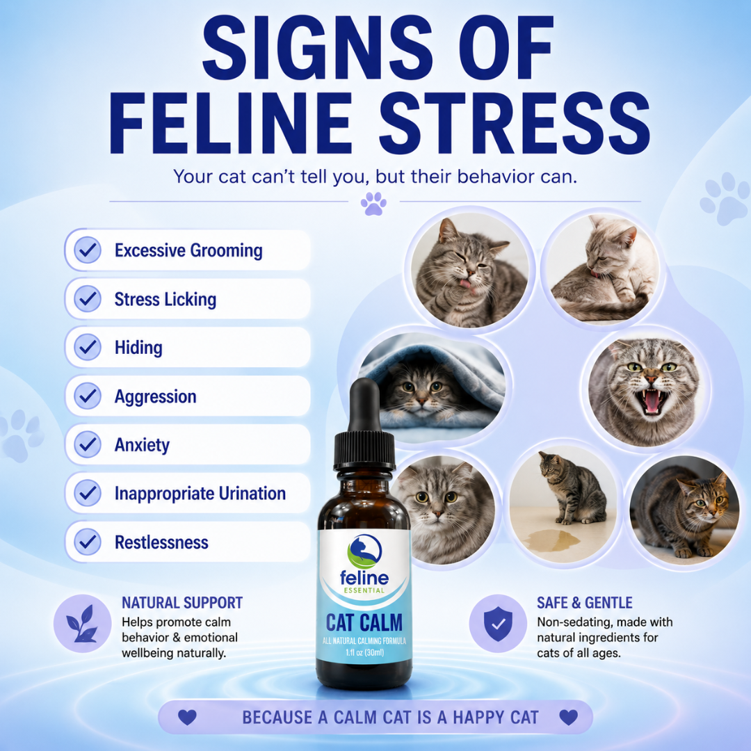 Signs of feline stress including excessive grooming, stress licking, hiding, aggression, anxiety, inappropriate urination and restlessness with Feline Essential Cat Calm.