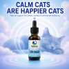 Feline Essential Cat Calm natural calming supplement for cats with stress, anxiety and emotional wellbeing support featuring a relaxed sleeping cat and Cat Calm bottle.