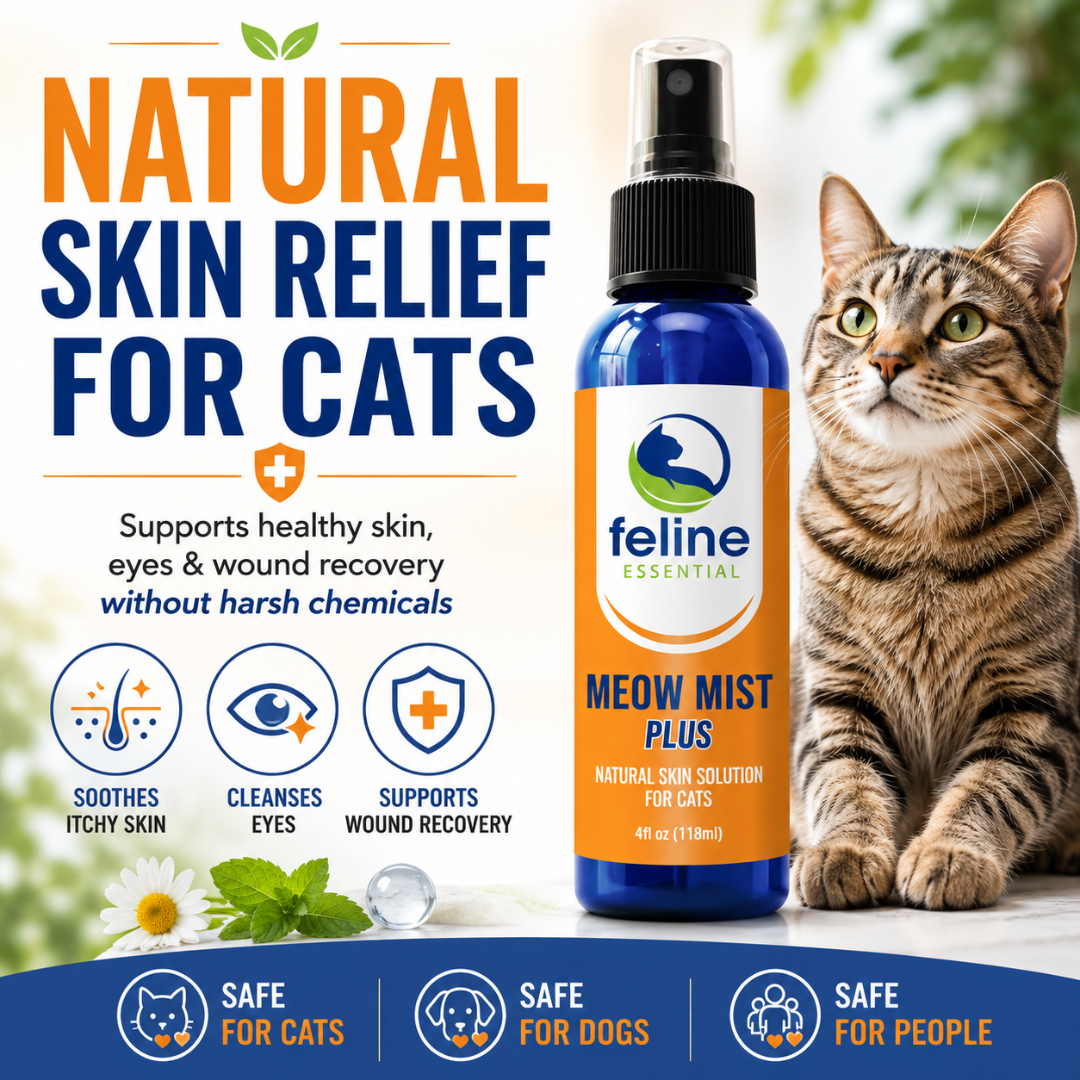 Meow Mist Plus natural skin spray for cats that supports itchy skin, eye health, and wound recovery without harsh chemicals and is safe for cats, dogs, and people.
