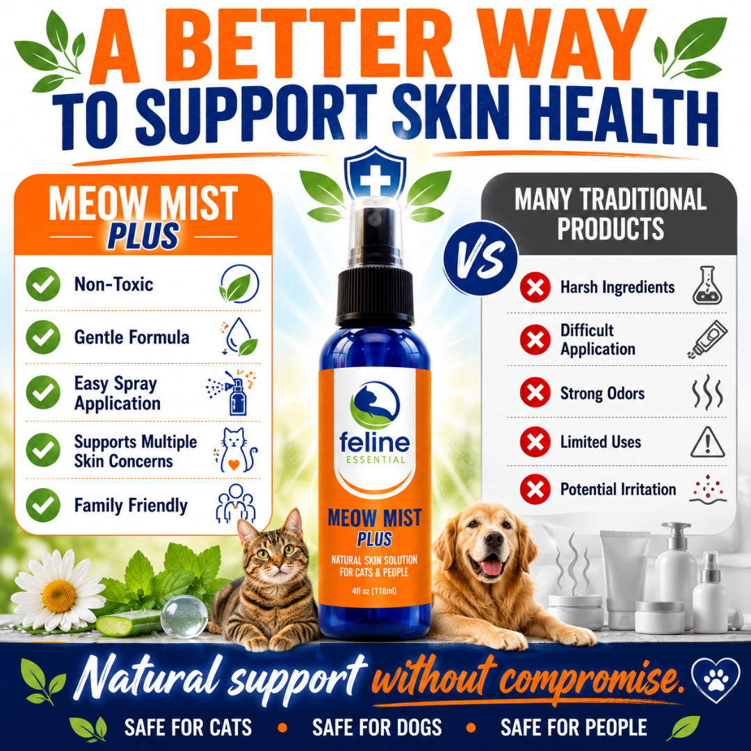 Comparison of Meow Mist Plus natural topical spray versus traditional skin care products, highlighting its non-toxic formula, easy spray application, and support for multiple skin concerns.