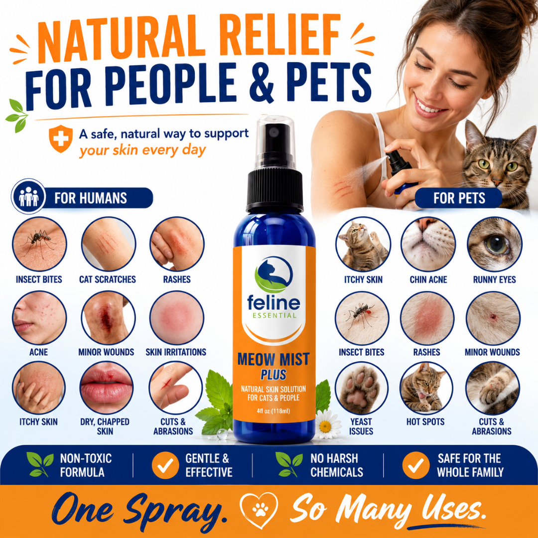 Meow Mist Plus natural skin spray for people and pets that may be used on insect bites, cat scratches, acne, rashes, minor wounds, itchy skin, and skin irritations.