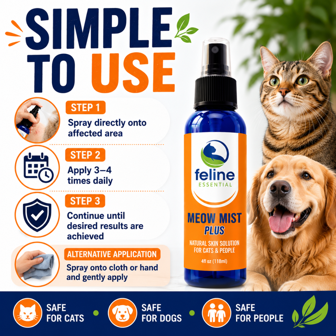 Instructions for using Meow Mist Plus natural topical spray by applying directly to affected skin areas three to four times daily or applying with a cloth or hand.
