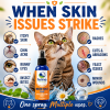 Meow Mist Plus topical spray for cats shown for common skin issues including itchy skin, chin acne, runny eyes, insect bites, rashes, cuts, abrasions, yeast issues, and minor wounds.