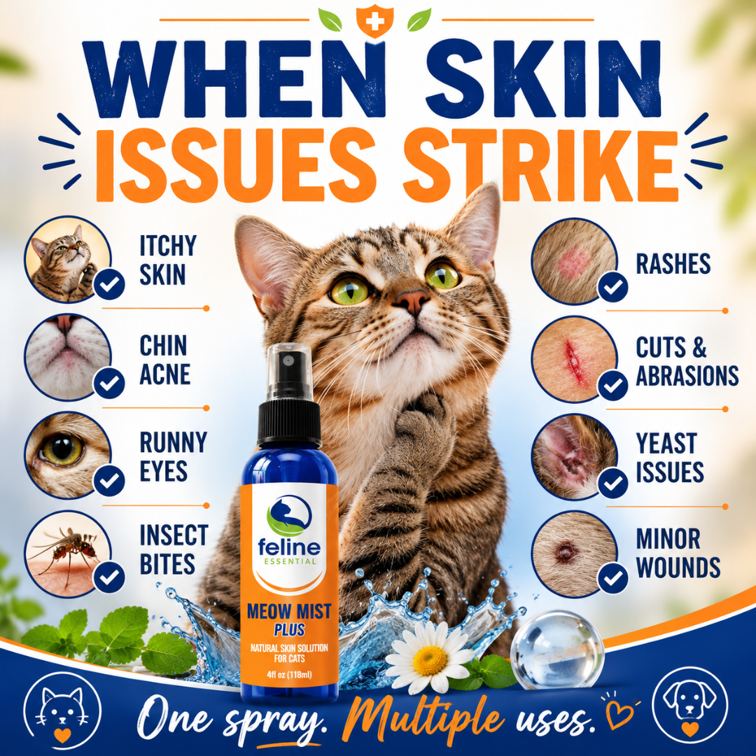 Meow Mist Plus topical spray for cats shown for common skin issues including itchy skin, chin acne, runny eyes, insect bites, rashes, cuts, abrasions, yeast issues, and minor wounds.