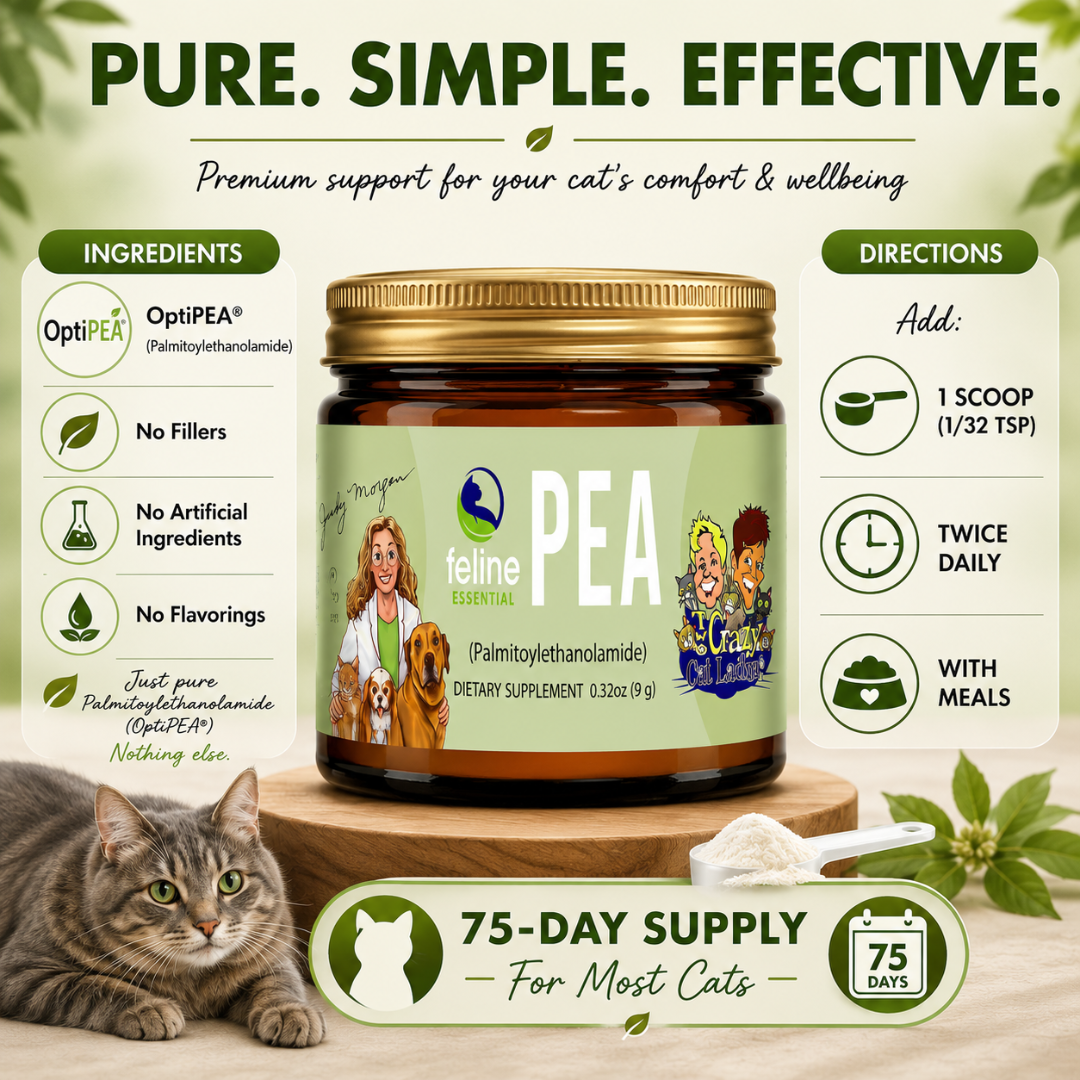 PEA for Cats ingredients and dosage instructions using pure OptiPEA palmitoylethanolamide. It is veterinarian formulated and recommended.
