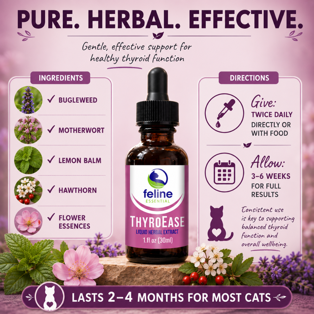ThyroEase for Cats ingredients and dosage guide with bugleweed, motherwort, lemon balm, hawthorn, and flower essences.