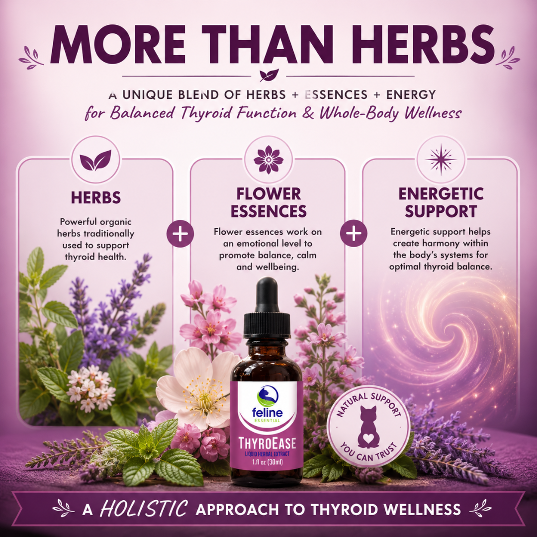 Holistic thyroid support for cats featuring herbs, flower essences, and energetic support in ThyroEase for Cats.