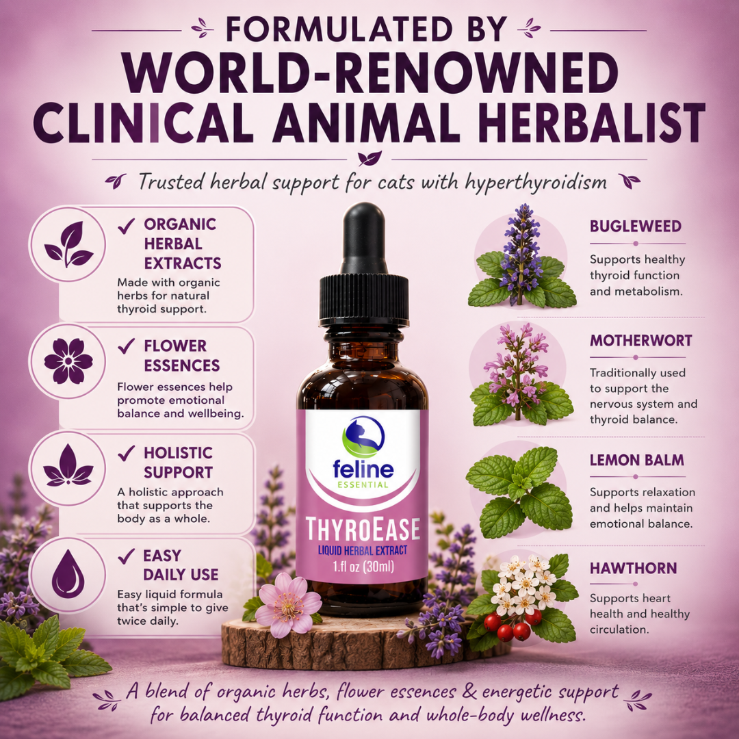 Animal herbalist formulated thyroid support supplement for cats with hyperthyroidism featuring organic herbal extracts and flower essences.