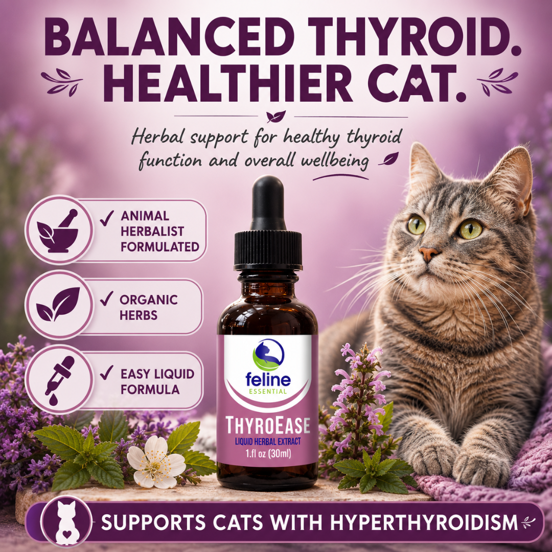 ThyroEase for Cats herbal hyperthyroid support supplement with organic herbs for healthy thyroid function and wellbeing.