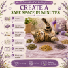 Step-by-step guide showing how to create a Boundless Organic Herb Garden by placing individual organic herb piles on a blanket so cats can safely explore, self-select herbs, and enjoy natural enrichment.