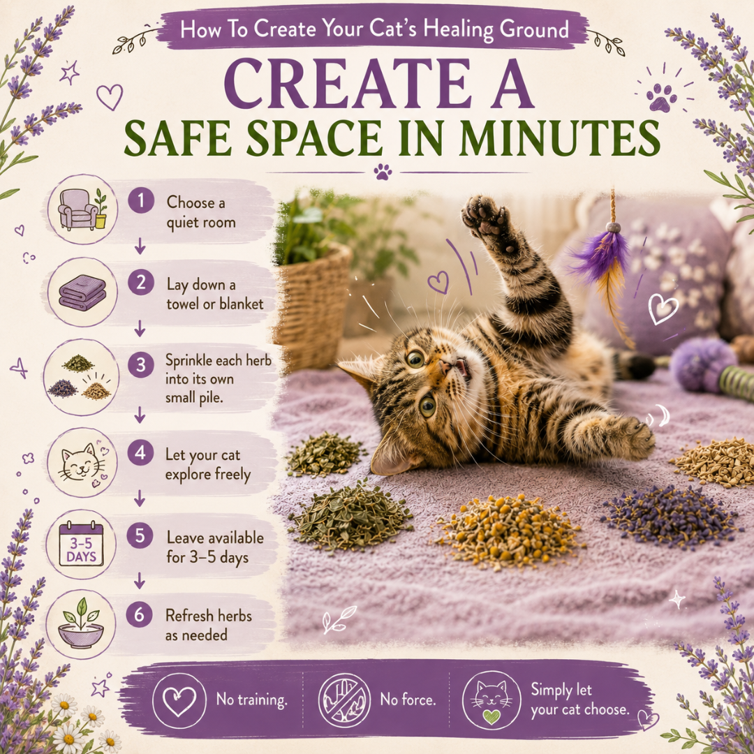 Step-by-step guide showing how to create a Boundless Organic Herb Garden by placing individual organic herb piles on a blanket so cats can safely explore, self-select herbs, and enjoy natural enrichment.