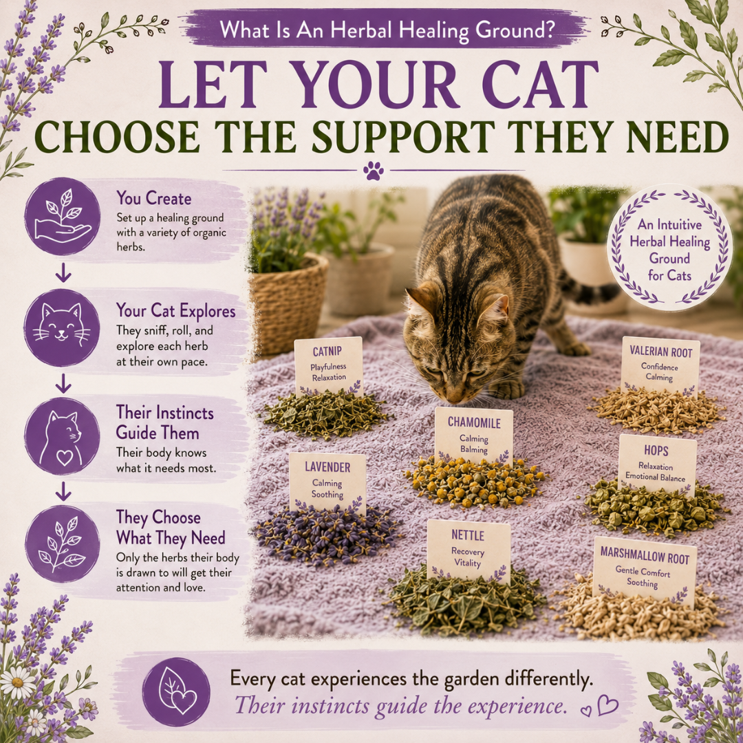 Cat exploring a Boundless Organic Herb Garden with individually placed organic herbs including catnip, valerian root, chamomile, hops, lavender, nettle, and marshmallow root for instinctive self-selection and natural enrichment.