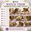 Playful cat interacting with a Boundless Organic Herb Garden by sniffing, rolling, licking, stretching, playing, and relaxing with individually placed organic herbs chosen through natural feline instincts.