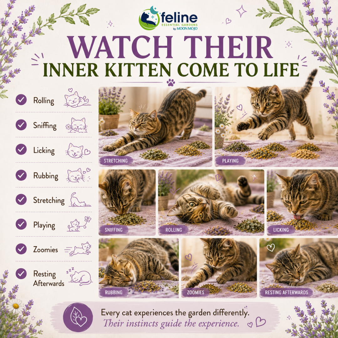 Playful cat interacting with a Boundless Organic Herb Garden by sniffing, rolling, licking, stretching, playing, and relaxing with individually placed organic herbs chosen through natural feline instincts.