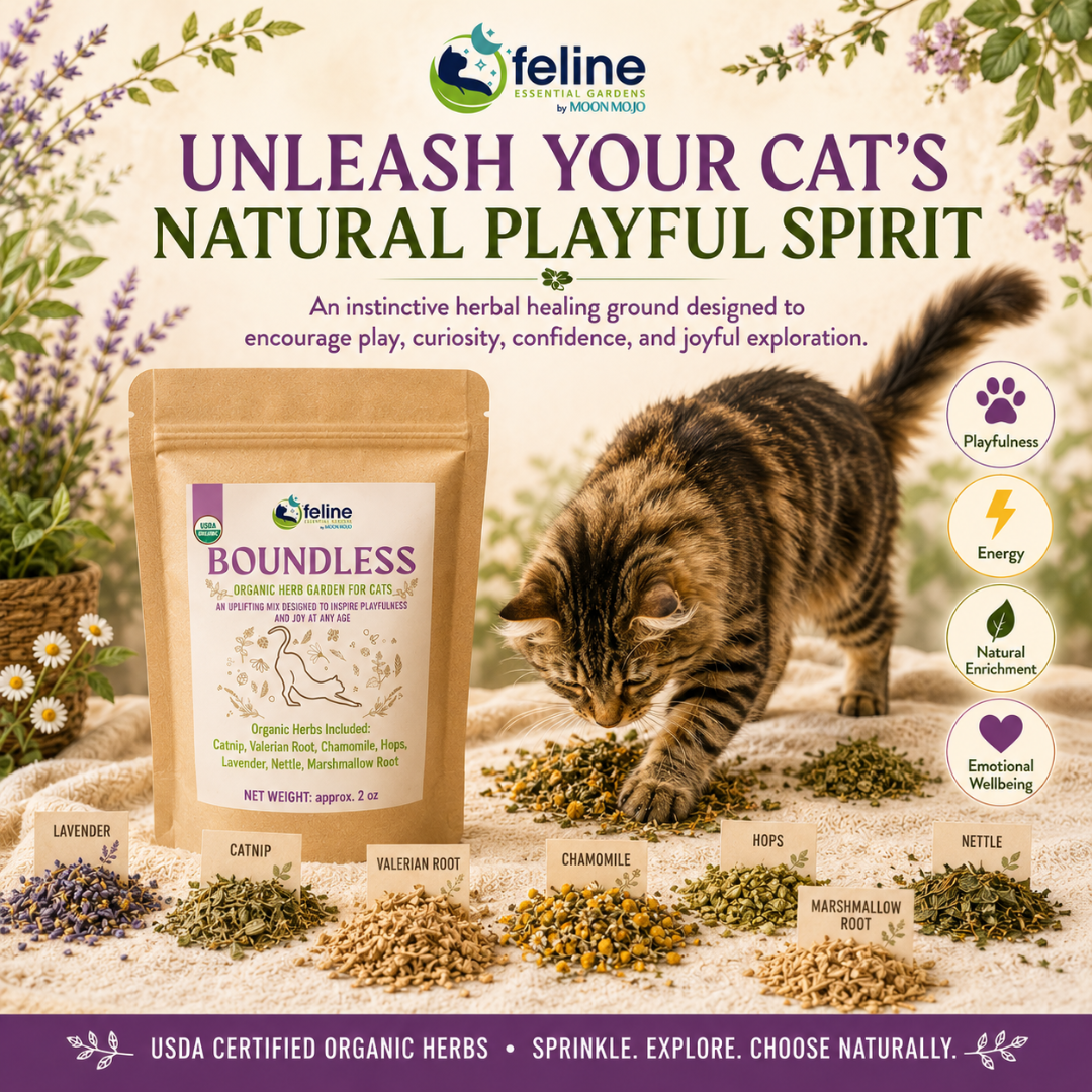 Boundless Organic Herb Garden for cats featuring USDA certified organic herbs that encourage playfulness, energy, natural enrichment, emotional wellbeing, and instinctive self-selection.