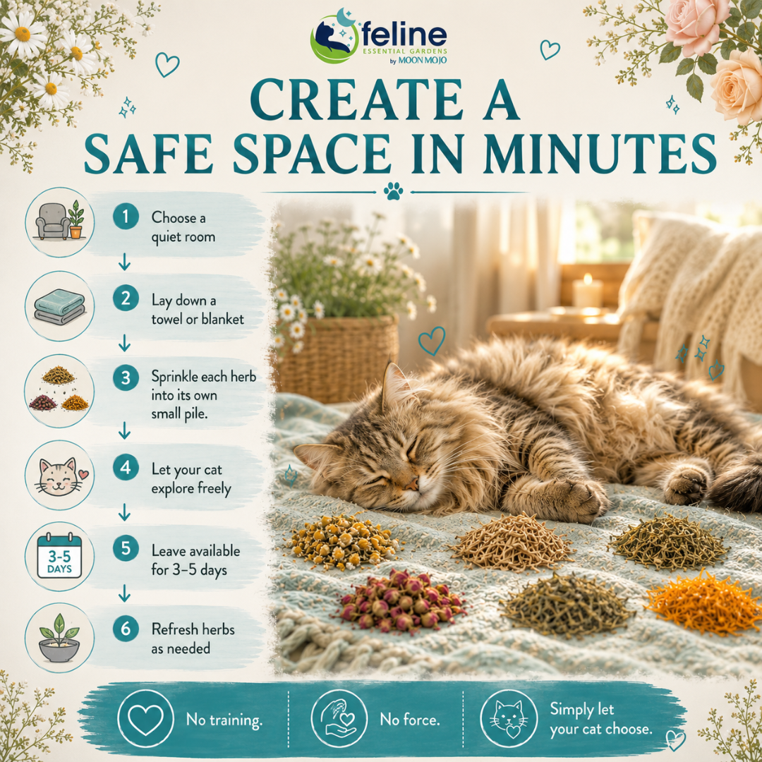 Step-by-step guide showing how to create a Calm Organic Herb Garden by placing individual organic herb piles on a cozy blanket so cats can naturally explore, self-select herbs, and relax.