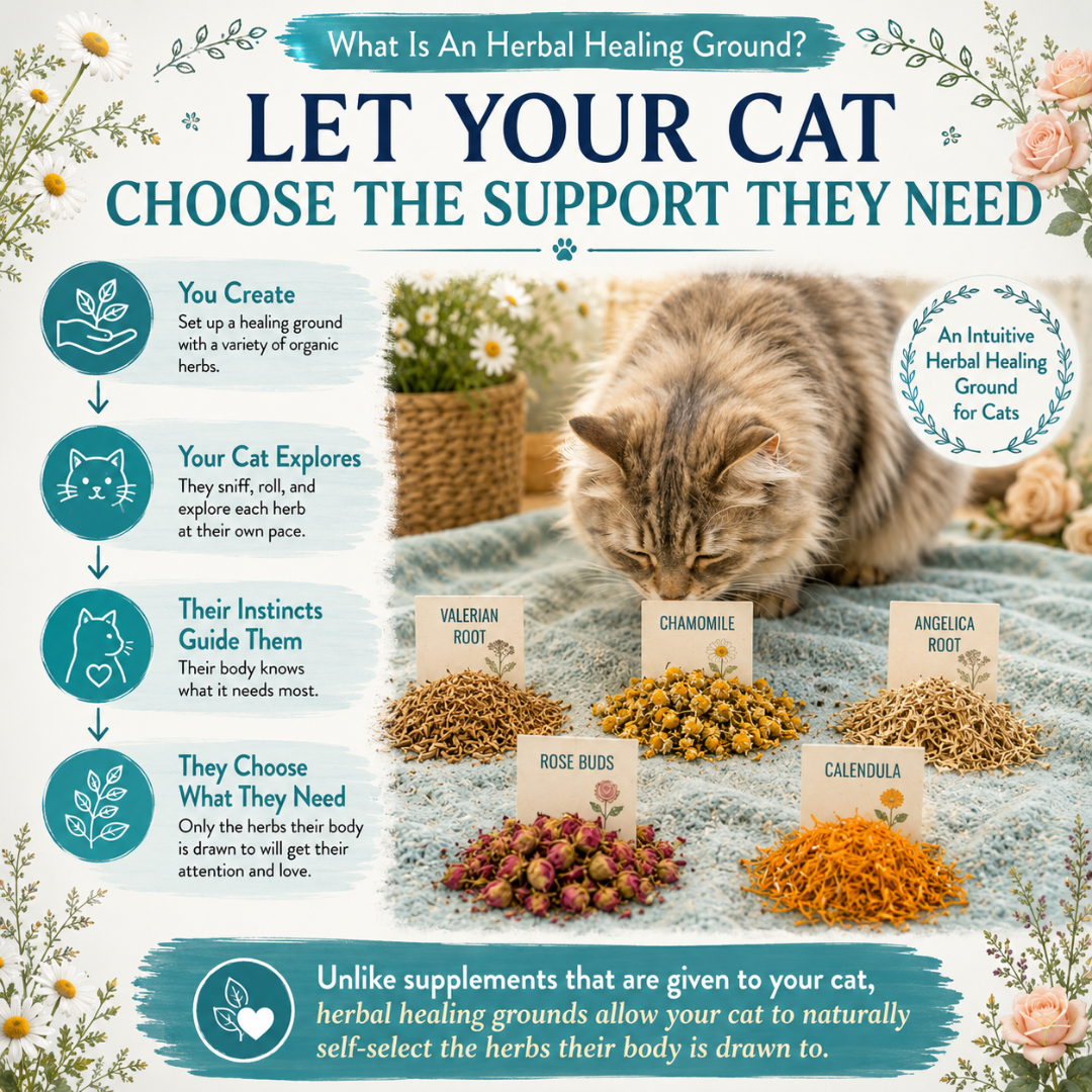Cat exploring a Calm Organic Herb Garden with individually placed organic herbs including chamomile, valerian root, angelica root, rose buds, and calendula for instinctive self-selection and natural stress relief.