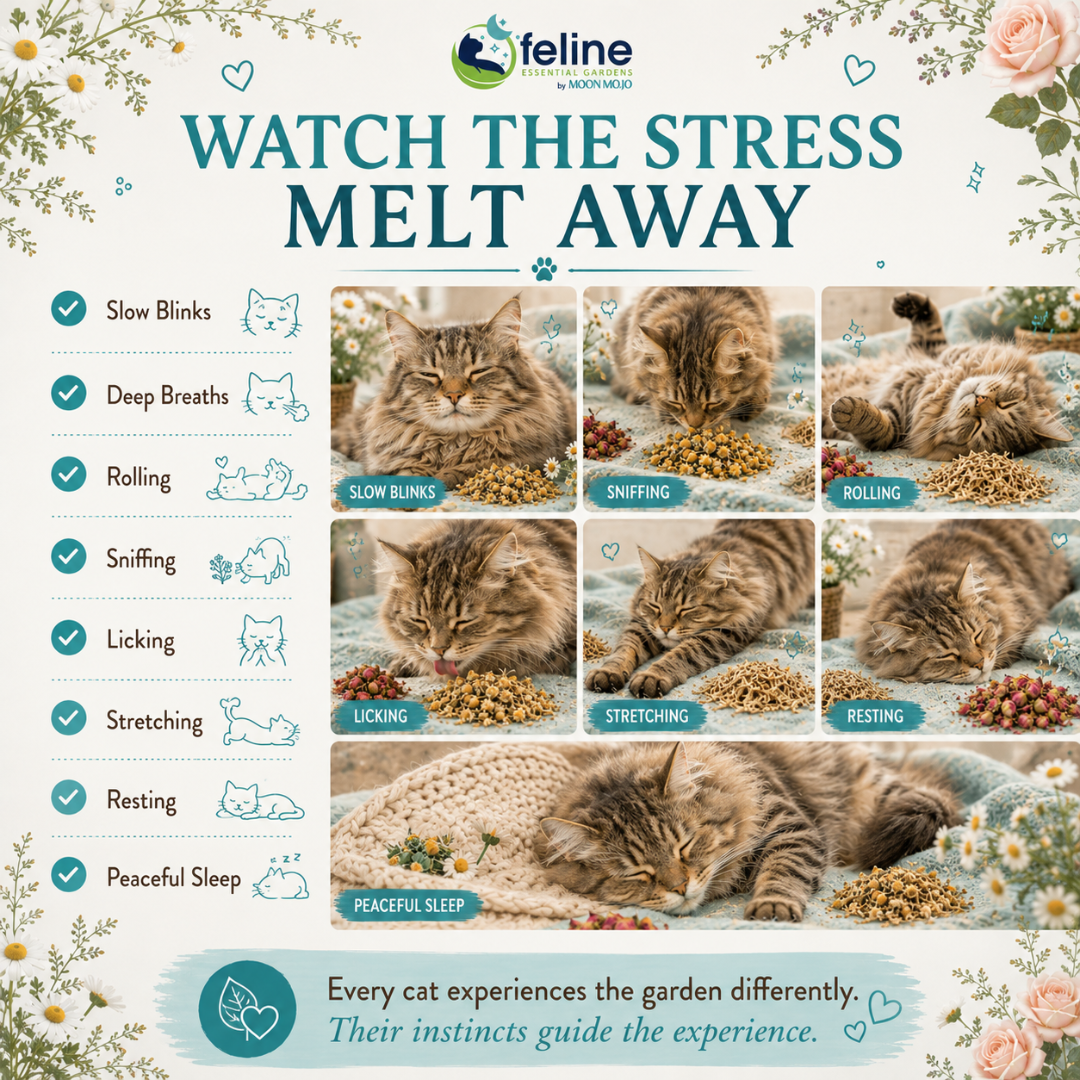 Relaxed cat using a Calm Organic Herb Garden by slow blinking, sniffing, rolling, stretching, licking, resting, and peacefully sleeping after exploring individually placed organic herbs.