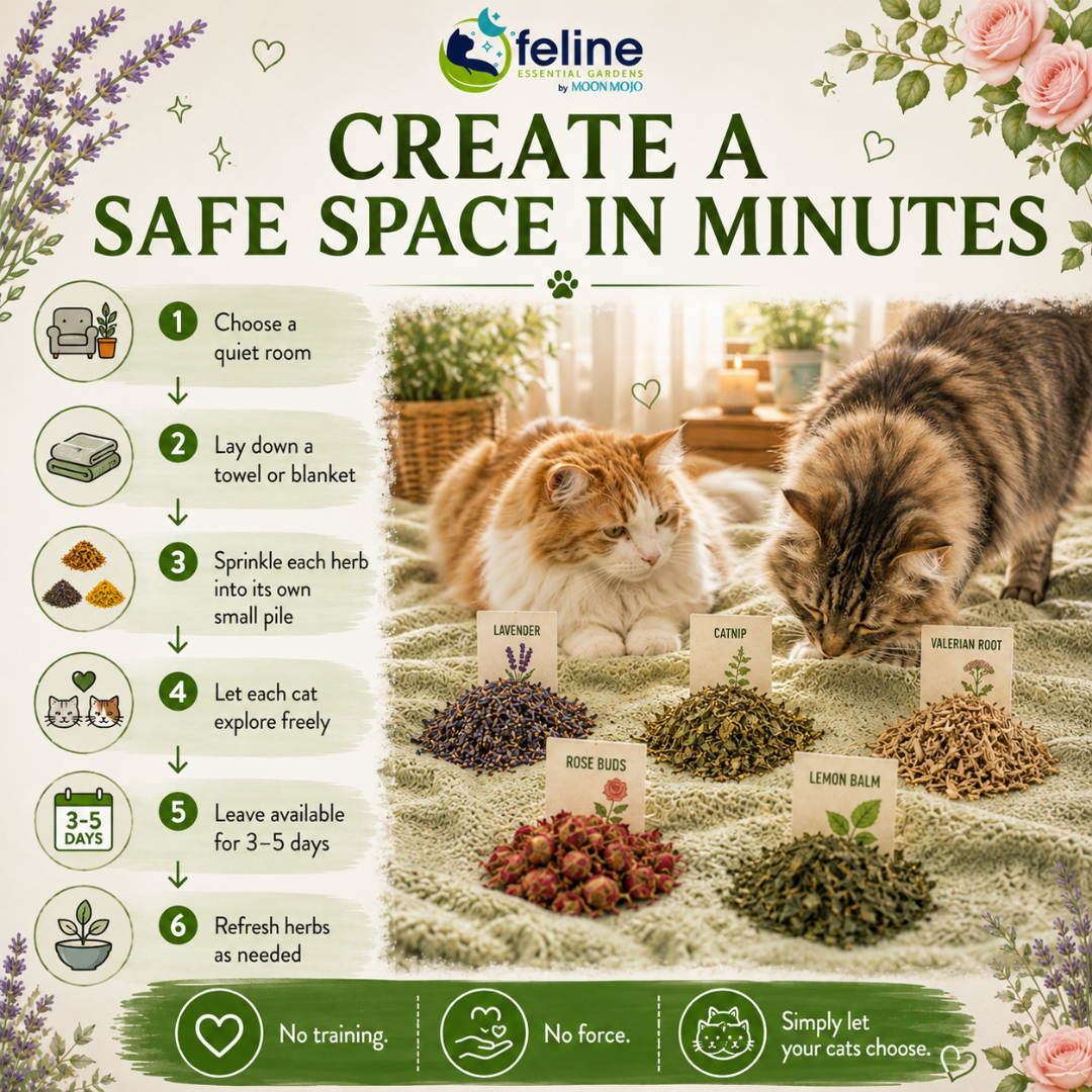 Step-by-step guide showing how to create a Peace Organic Herb Garden by placing individual organic herb piles on a cozy blanket so multiple cats can naturally explore, self-select herbs, and build trust together.
