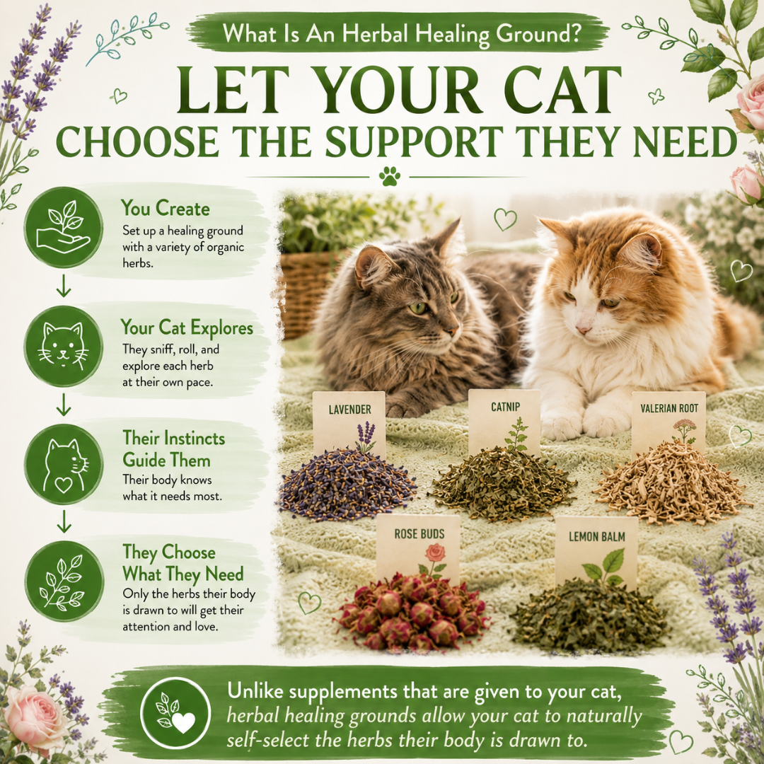 Two cats exploring a Peace Organic Herb Garden with individually placed organic herbs including lavender, catnip, valerian root, rose buds, and lemon balm for instinctive self-selection and natural harmony between cats.
