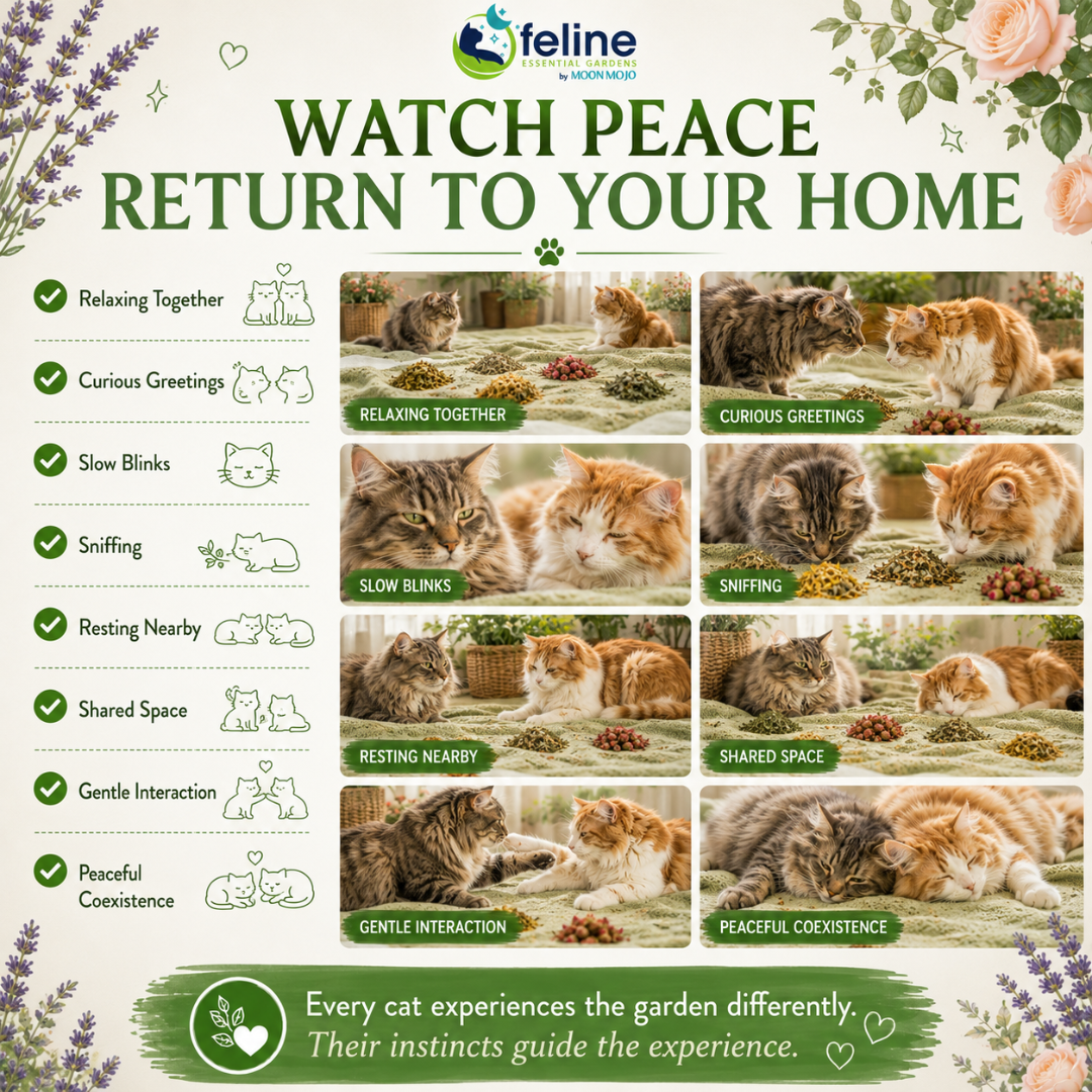 Two cats peacefully sharing space while exploring a Peace Organic Herb Garden, demonstrating relaxed body language, gentle interaction, slow blinks, and natural harmony through individually placed organic herbs.