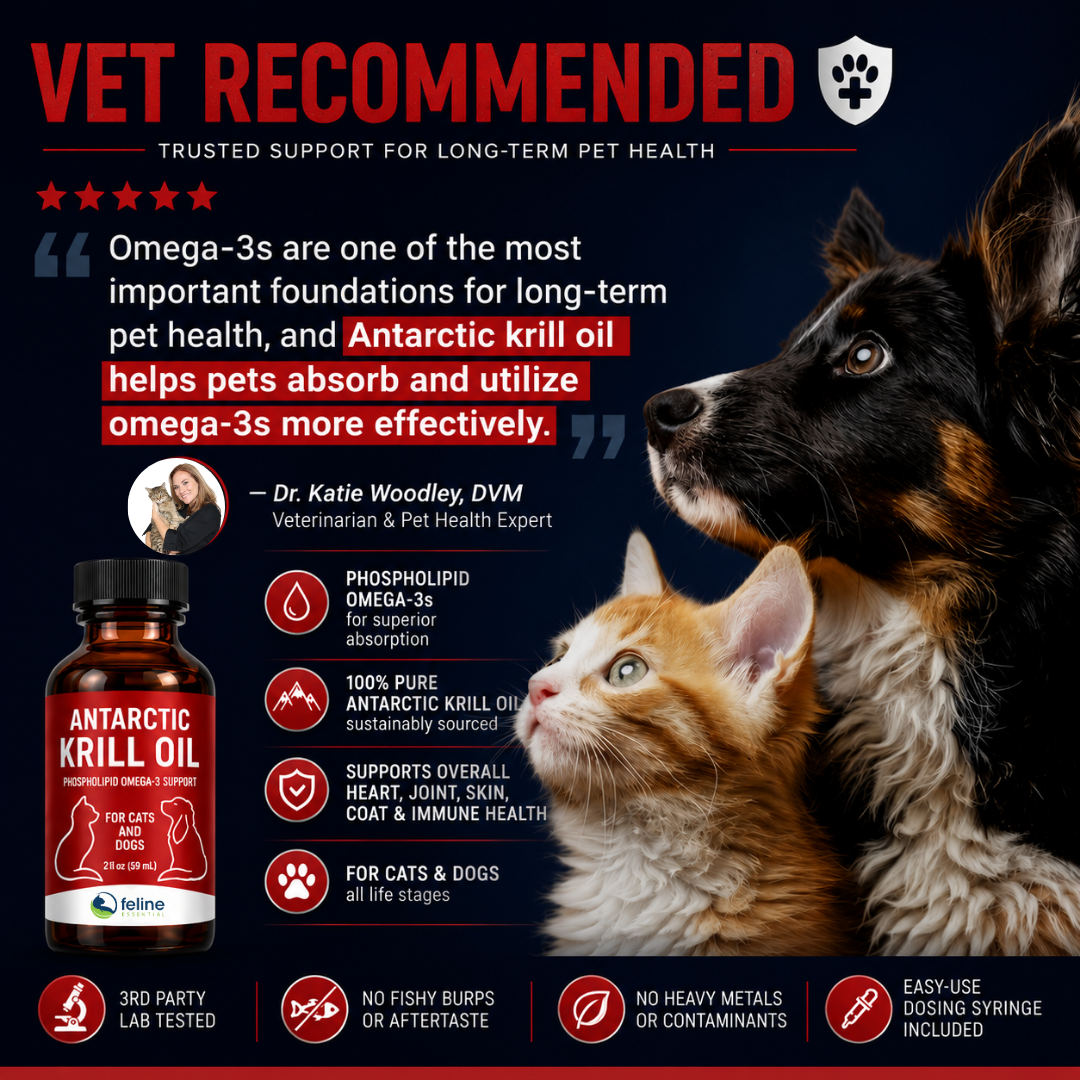 Antarctic Krill Oil for Cats and Dogs is recommended by veterinarians and pet health experts