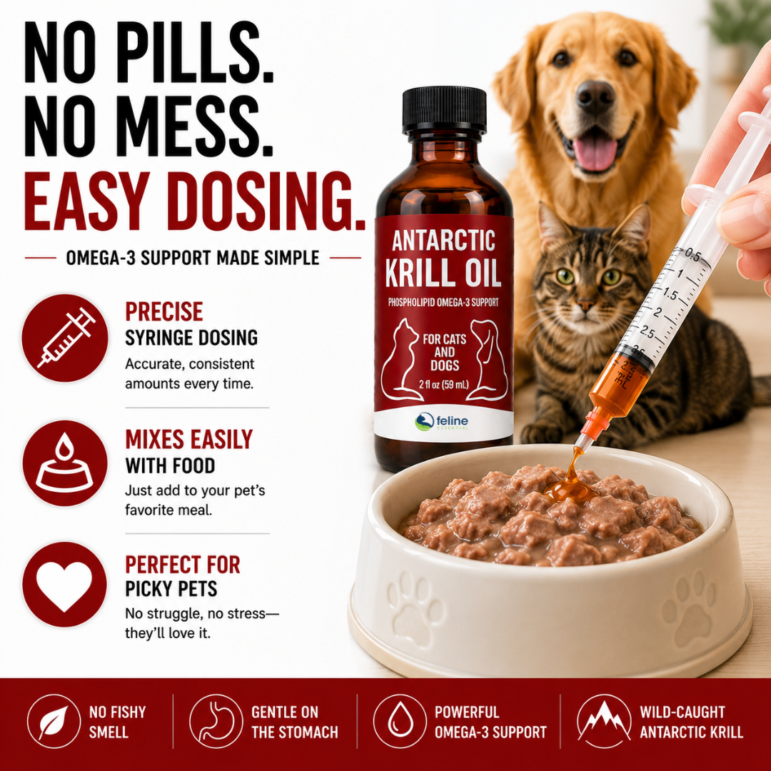 Antarctic krill oil for cats and dogs with syringe, highlighting benefits like better absorption, omega-3 EPA and DHA, joint and skin support, and no fishy smell. Omega 3s for pets.