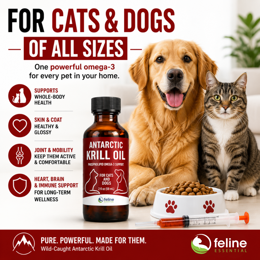 Antarctic krill oil for cats and dogs with syringe, highlighting benefits like better absorption, omega-3 EPA and DHA, joint and skin support, and no fishy smell. Omega 3s for pets.